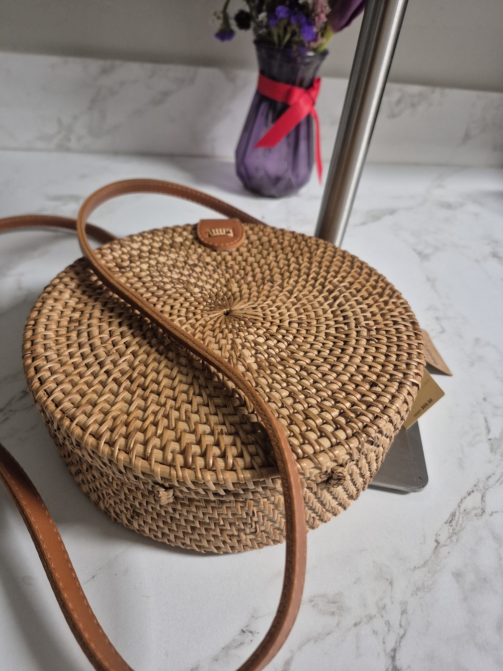 Boho Round Woven Crossbody Bag in Natural Brown NWT